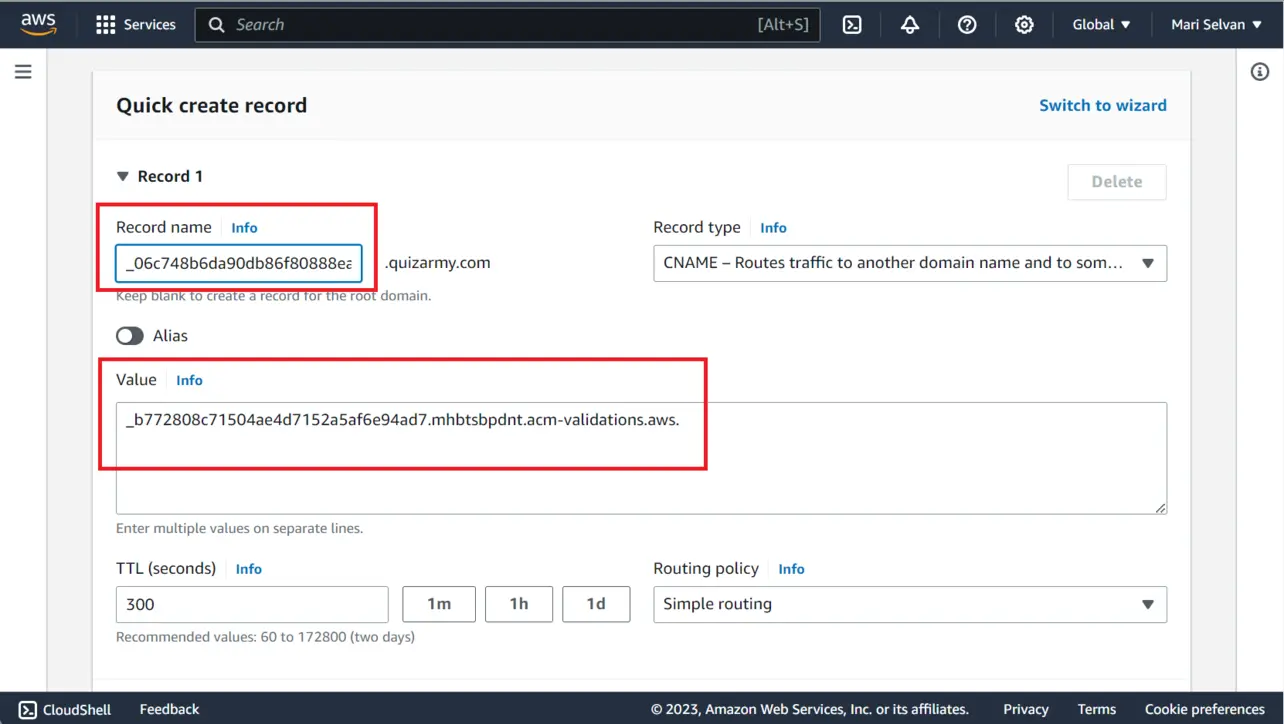 ACM DNS CNAME for subdomain validation