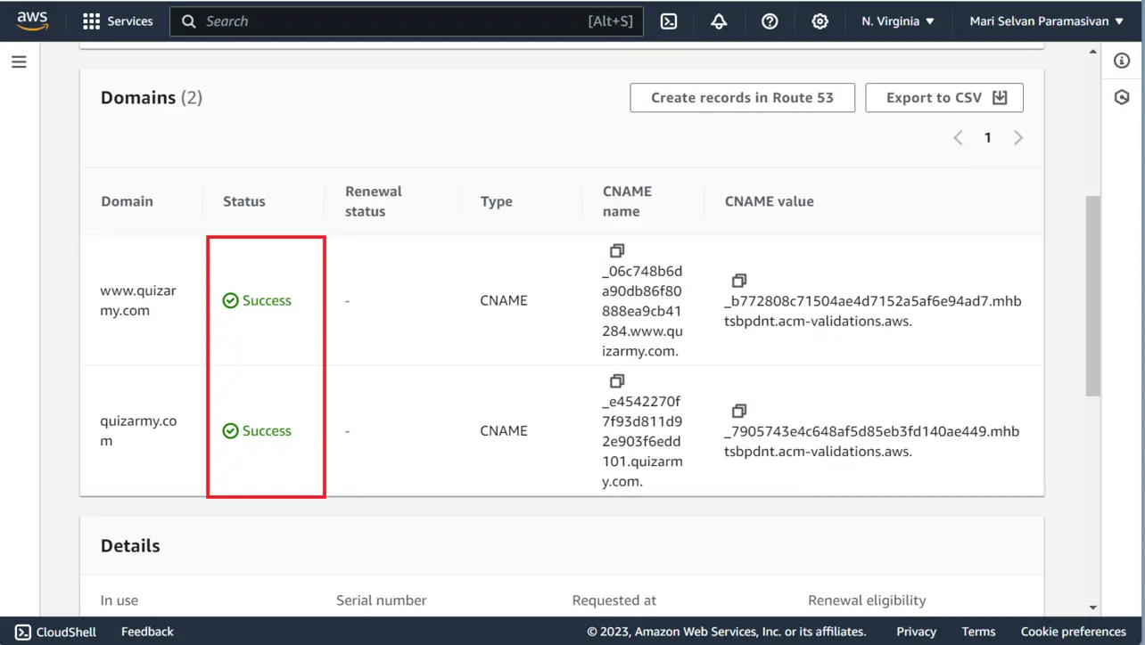 ACM certificate domains validated successfully