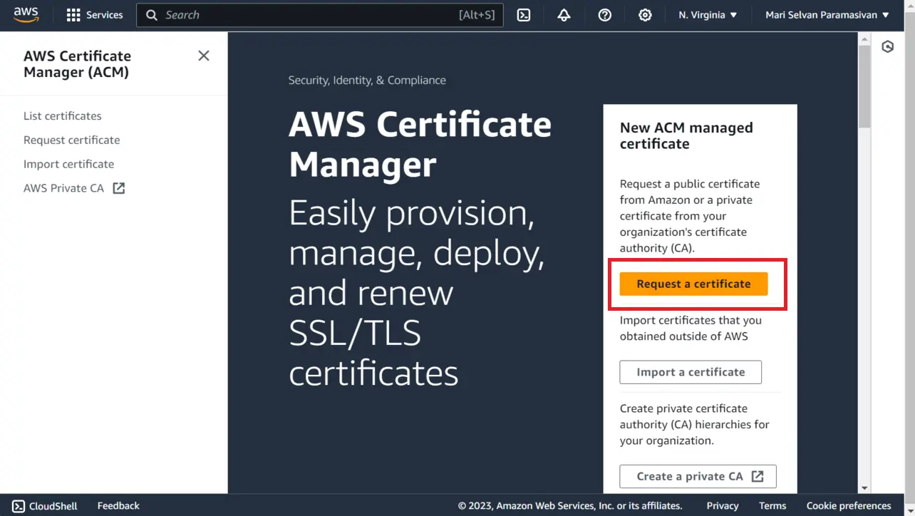 ACM Request a certificate button