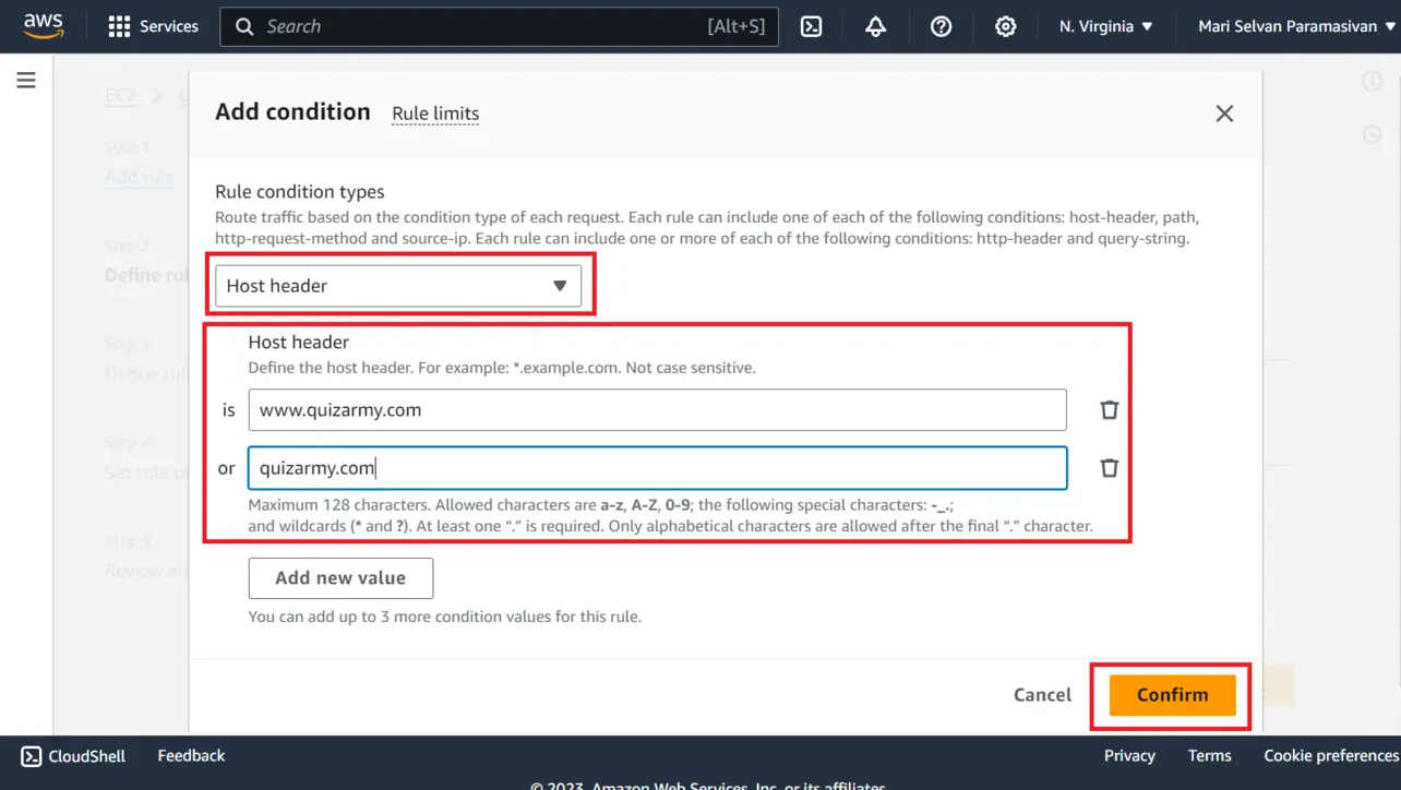 ALB listener rule host header condition for www