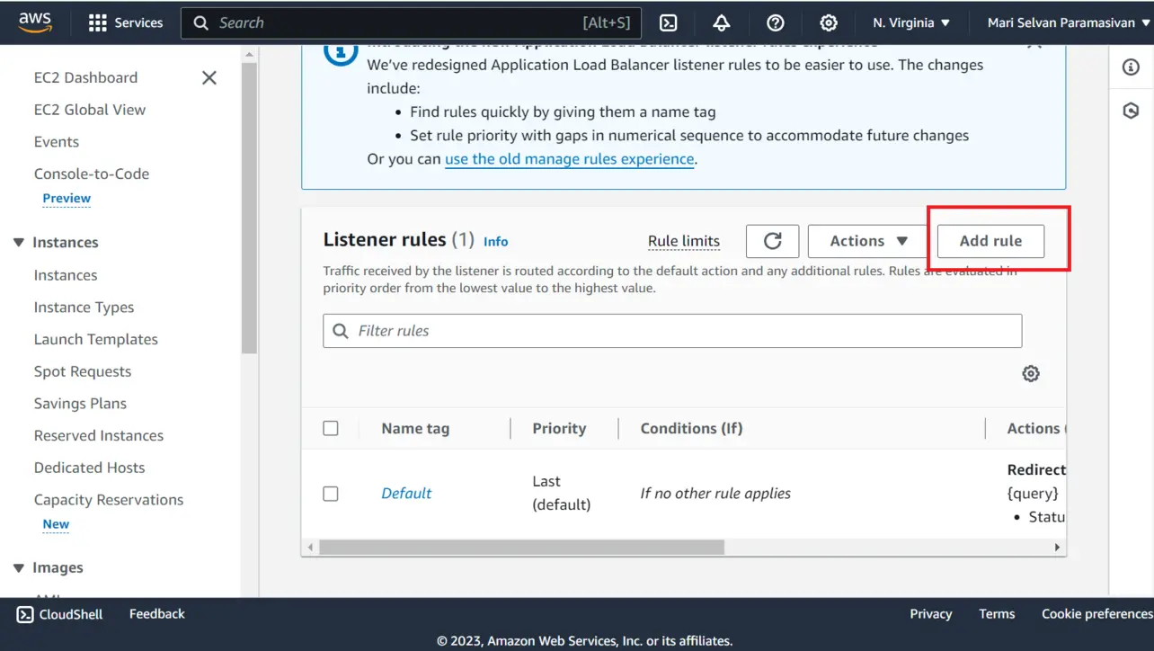 Add rule button on ALB listener