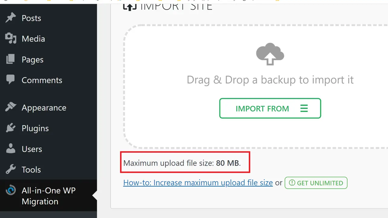All-in-One WP Migration Import screen showing upload size limit