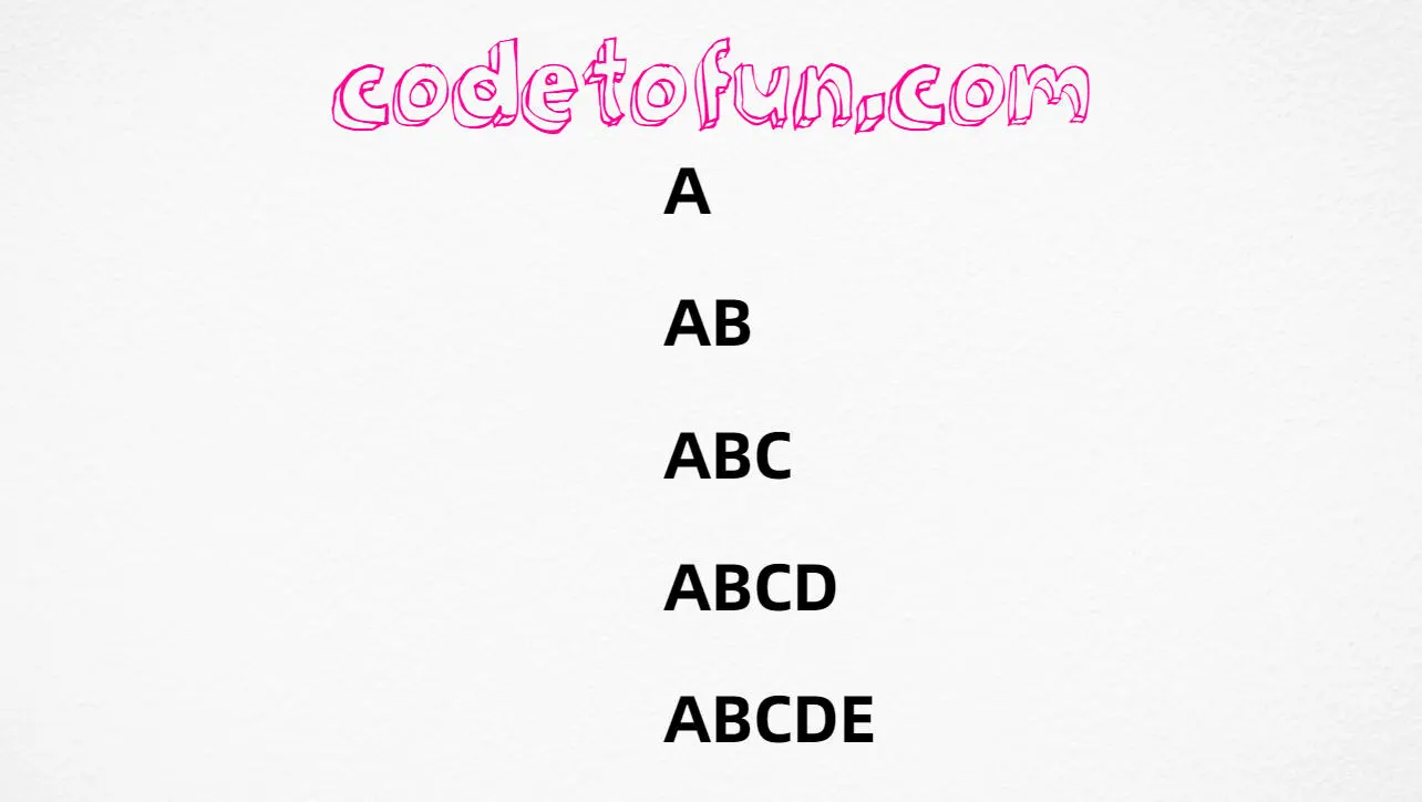 Right triangle alphabet pattern A through ABCDE in JavaScript