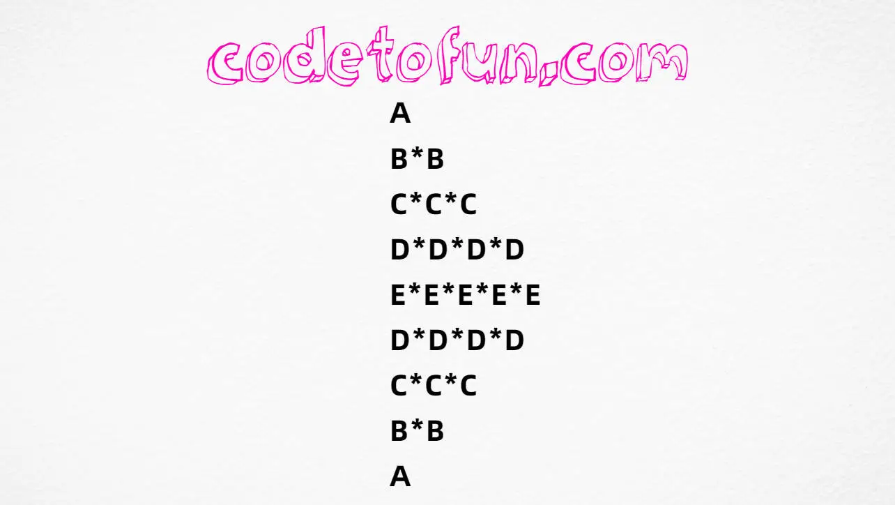 JavaScript alphabet pattern 21 output: A, B*B, C*C*C, D*D*D*D, E*E*E*E*E (diamond)