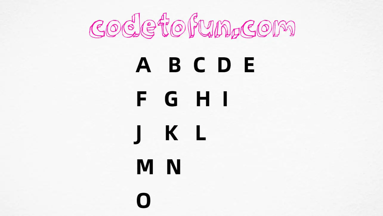 Sequential decreasing alphabet triangle A B C D E through O in C