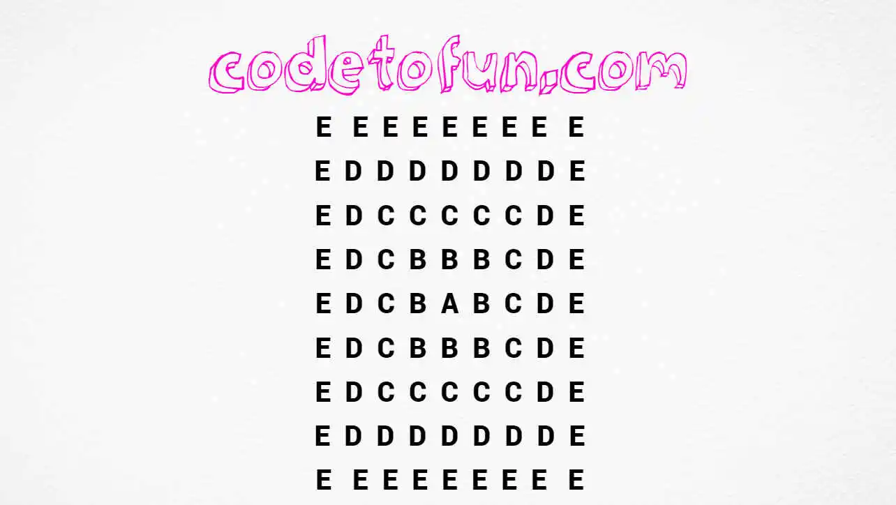 JavaScript alphabet pattern 29 output: symmetric square from E down to A and back to E