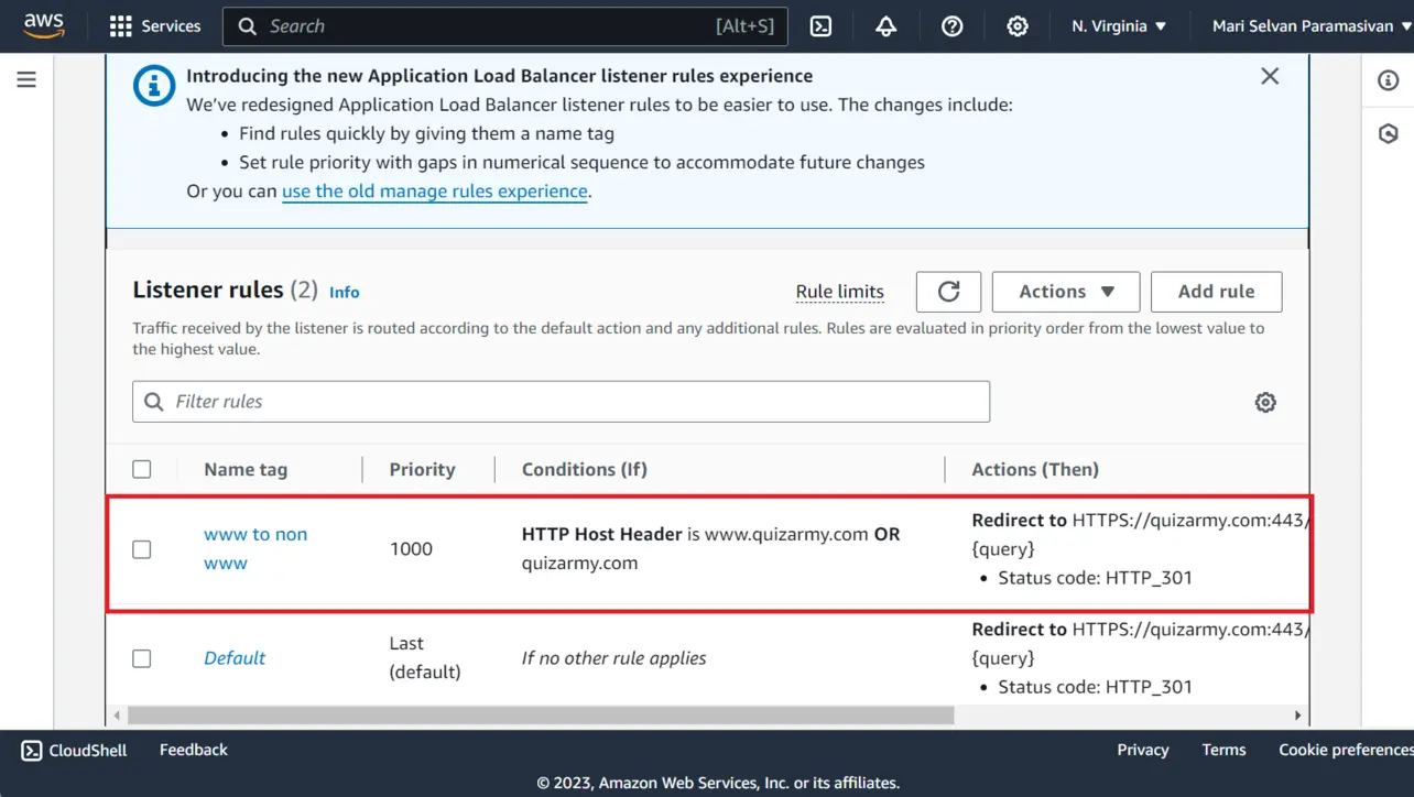 ALB listener rules list showing www redirect on HTTP