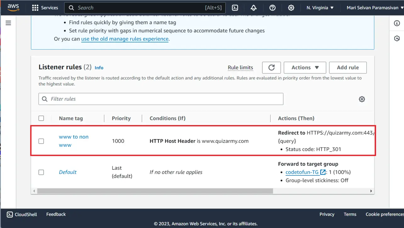 ALB HTTPS listener rules showing www redirect