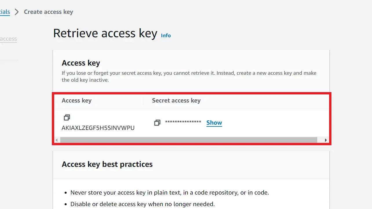 Access key created successfully in the AWS console