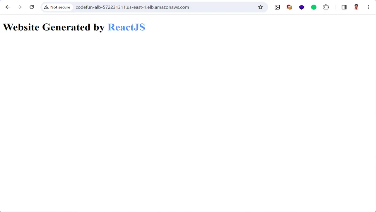 Browser showing React app via ALB DNS name