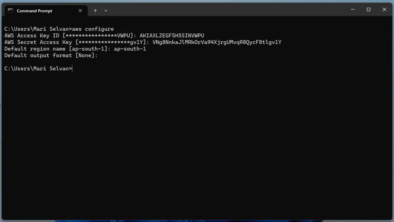 Terminal running aws configure