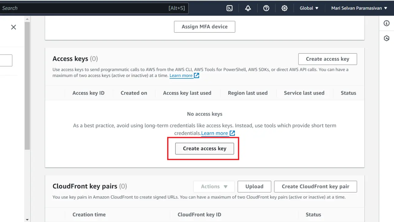 Creating a new AWS access key in the console