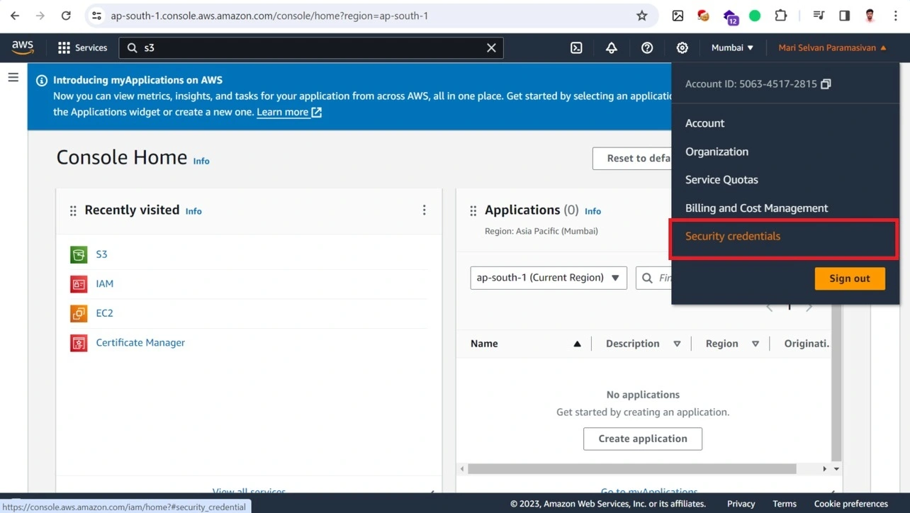AWS console security credentials in the account menu