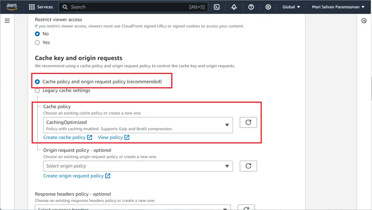 CloudFront cache key and origin request policies