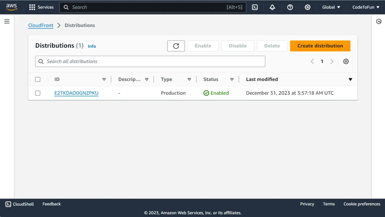 CloudFront distribution created successfully