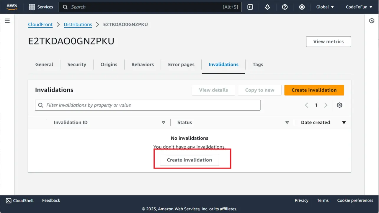 CloudFront create cache invalidation