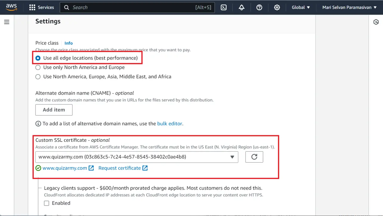 CloudFront general settings price class and alternate domain