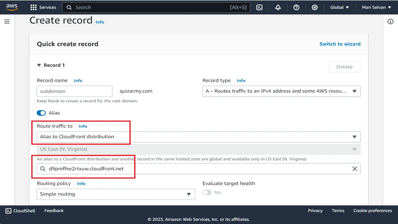 Route 53 alias record pointing to CloudFront distribution