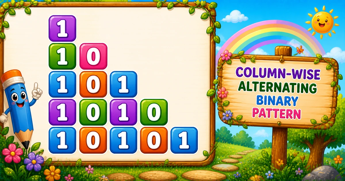 Column-wise alternating binary triangle output (1, 10, 101, 1010, 10101) in C++ programming