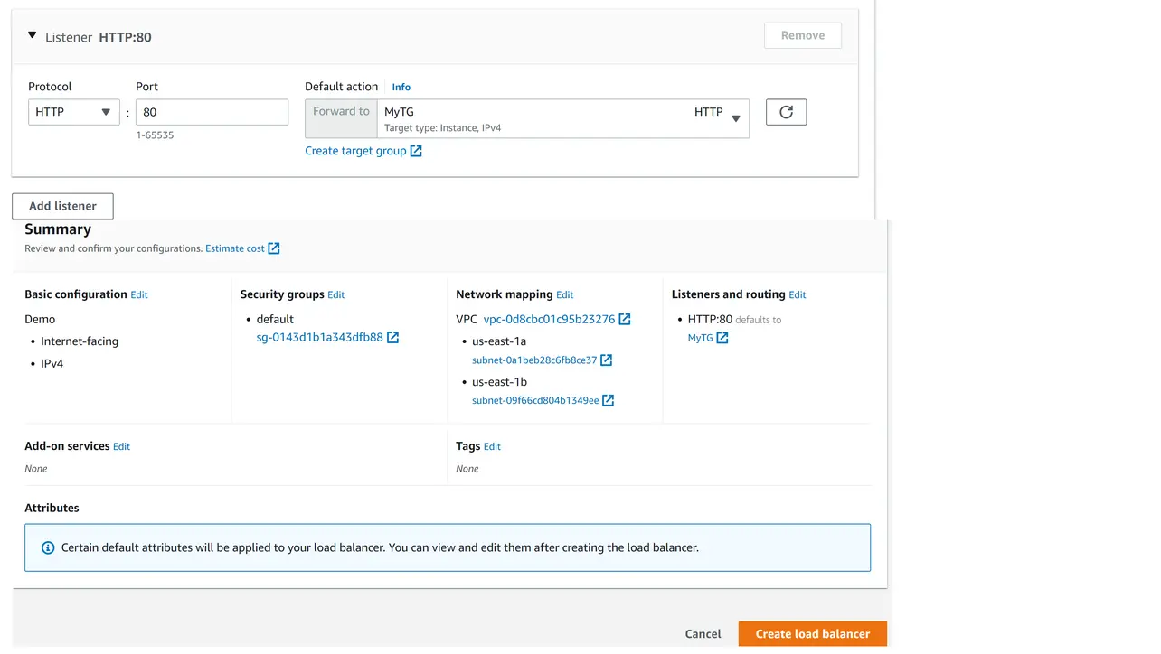 Configure Application Load Balancer listener and target group