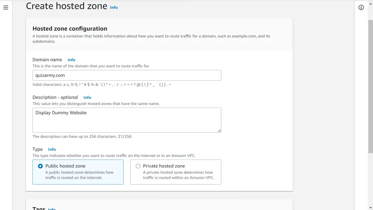 Configure public hosted zone domain name and type