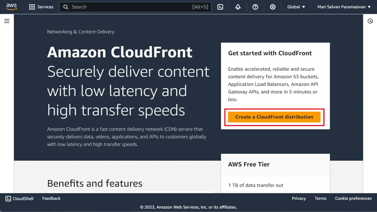 CloudFront console Create distribution