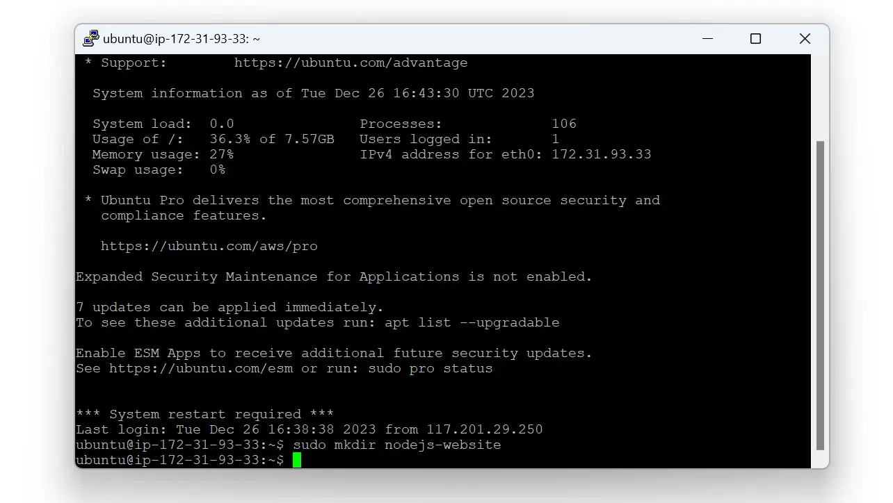 Creating nodejs-website directory on EC2