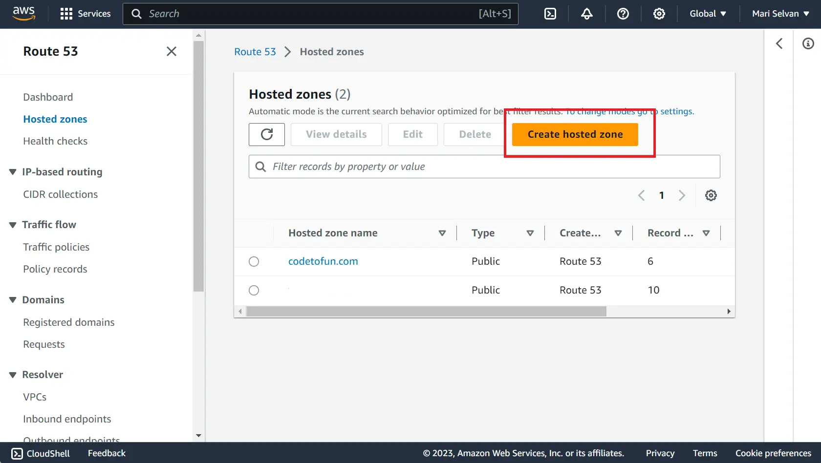 Create hosted zone button in Route 53