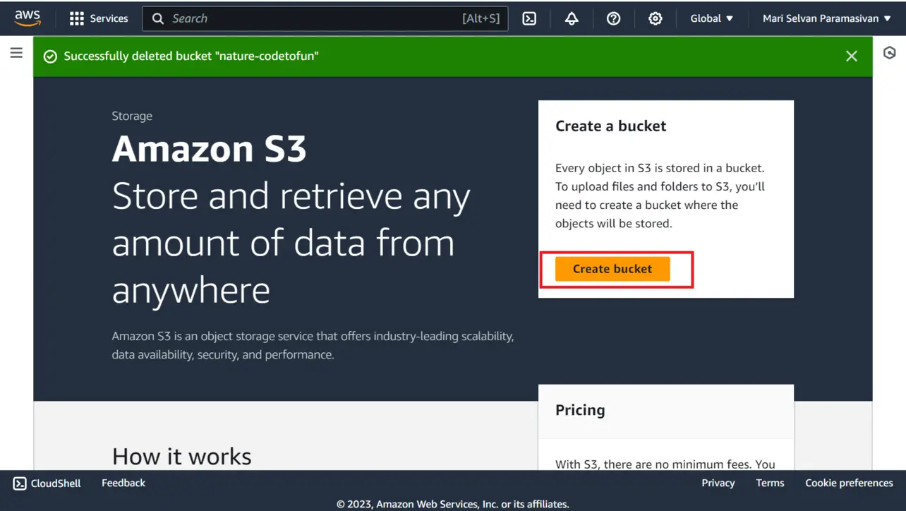 Amazon S3 console create bucket