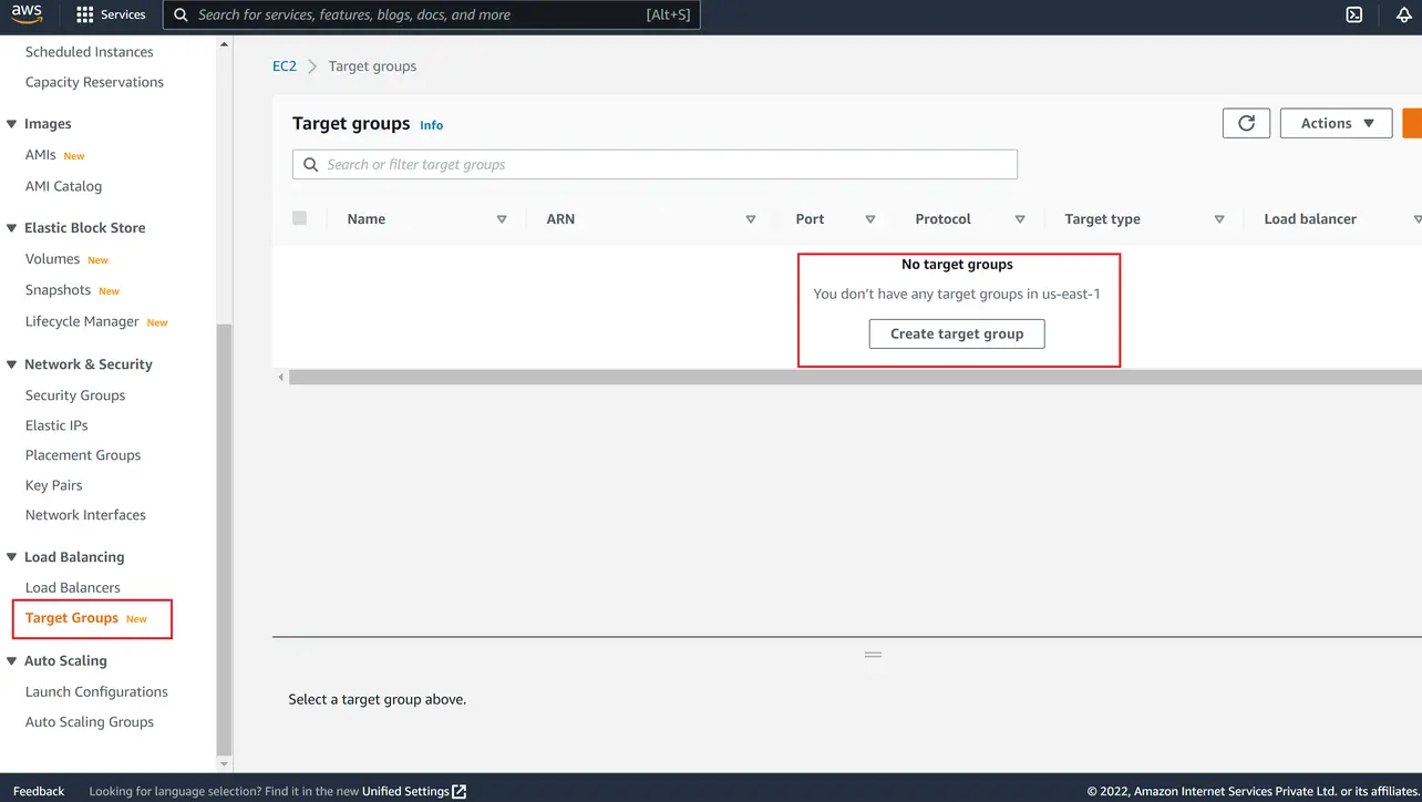EC2 Target Groups create target group button