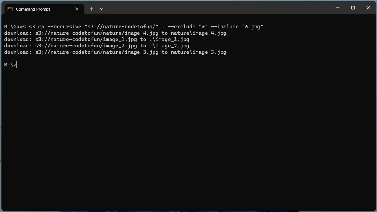 Terminal showing S3 recursive copy with include filter for jpg files
