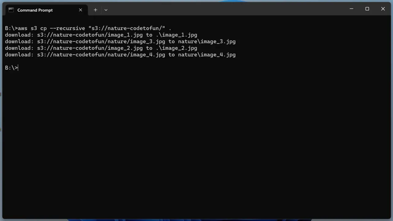 Terminal showing recursive download of all objects from an S3 prefix