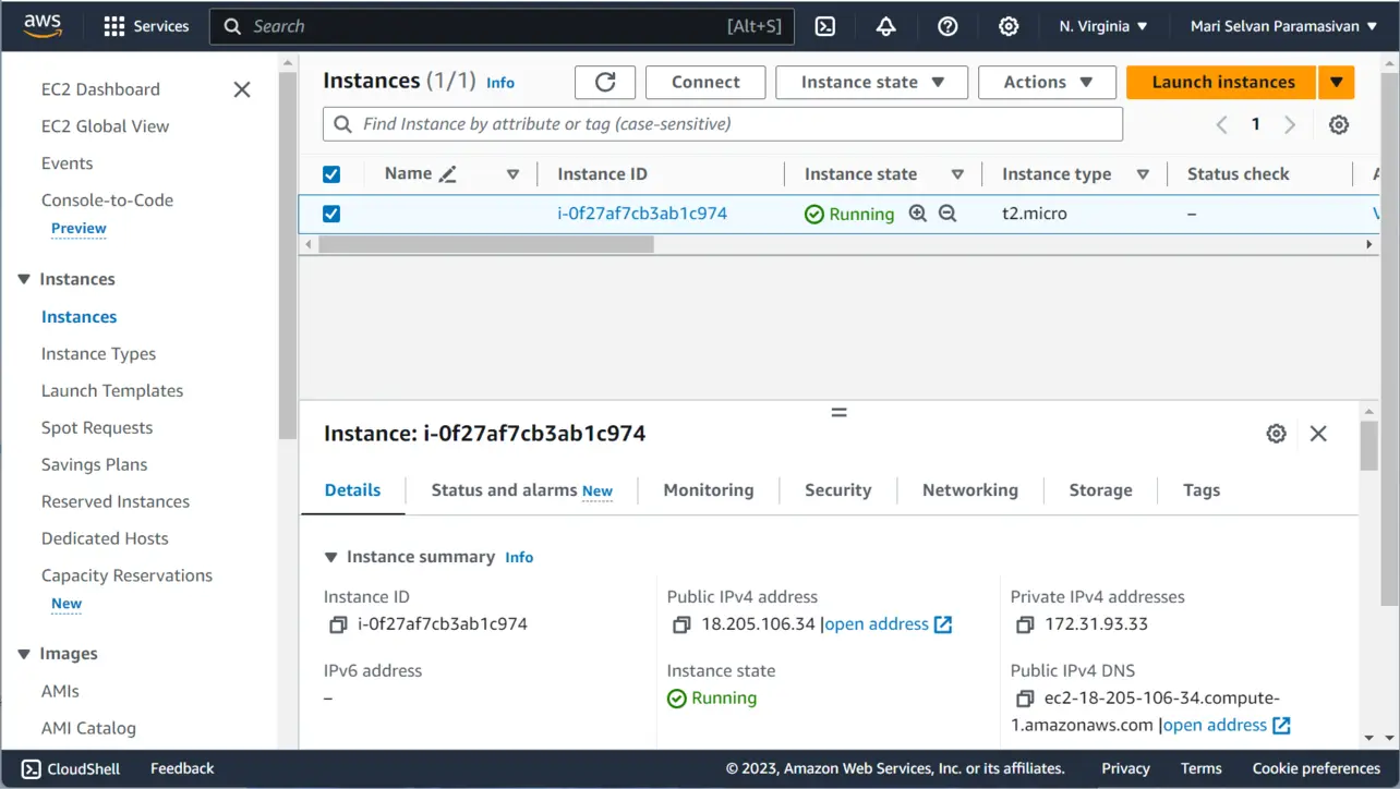 EC2 instances list showing running instance