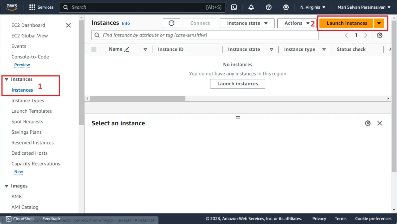 EC2 Instances page with Launch instance button