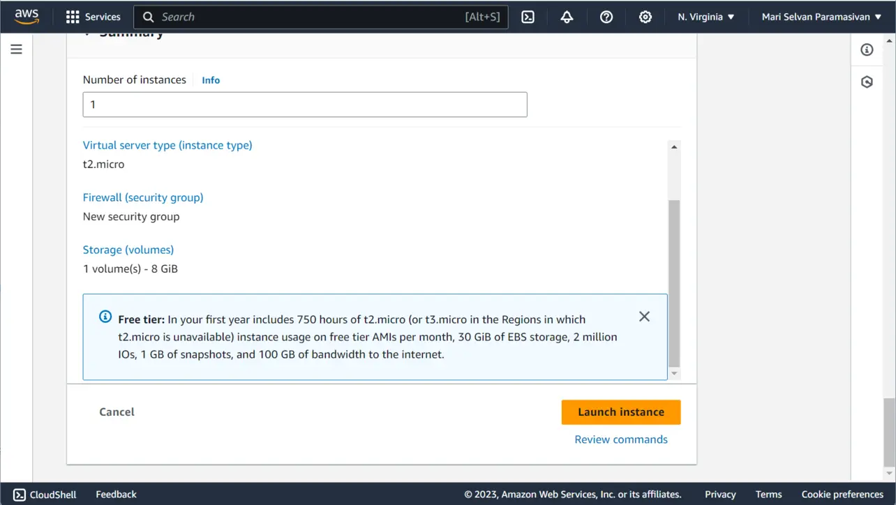 EC2 launch instance summary and launch button