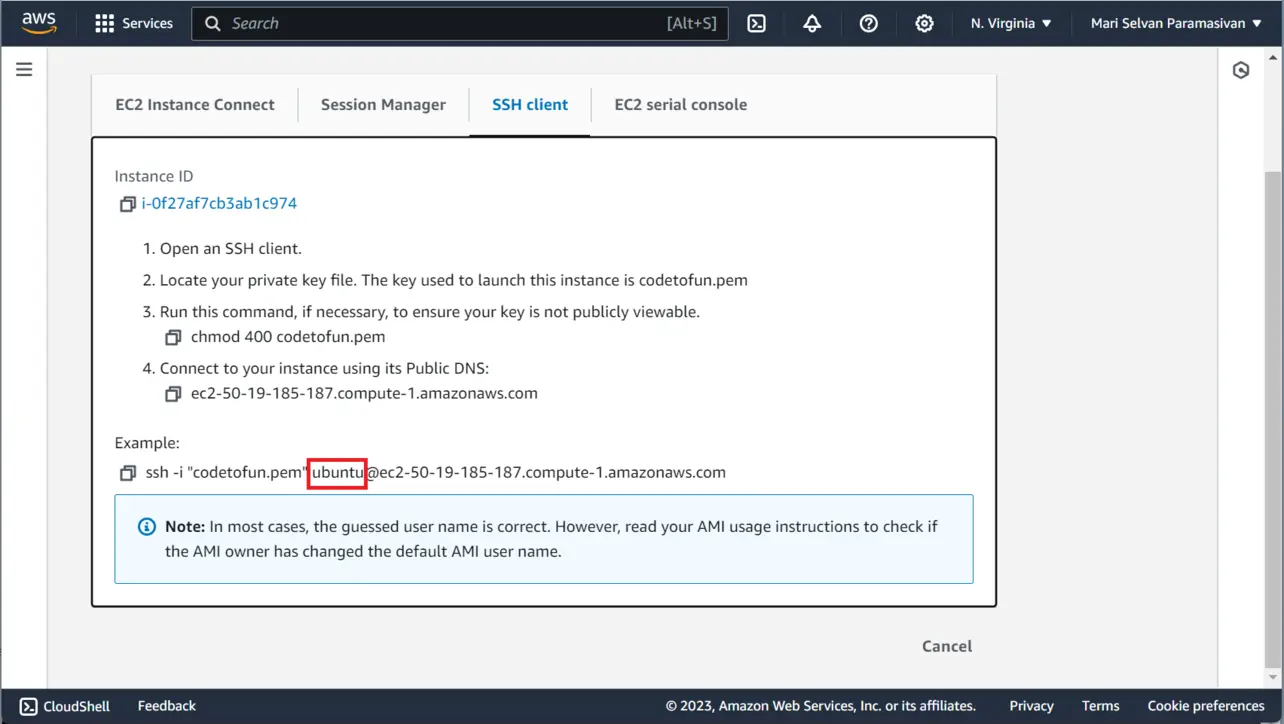 EC2 Connect tab showing default SSH username