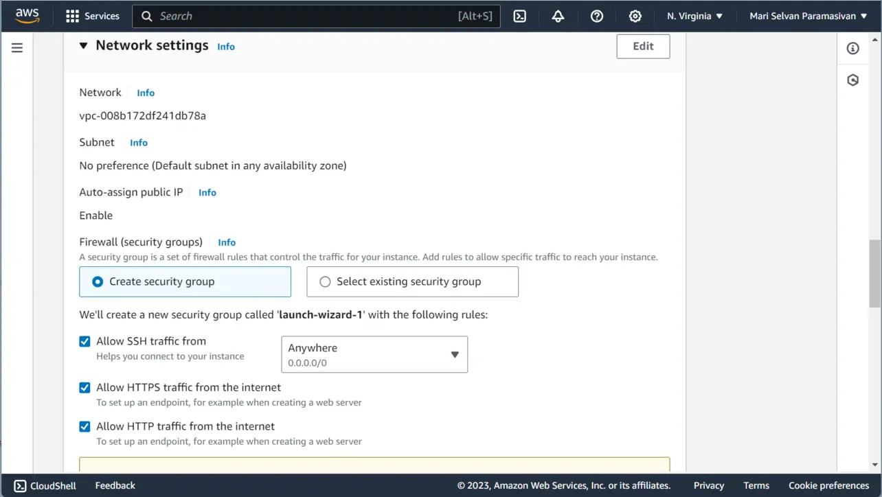 EC2 network settings with SSH HTTP HTTPS rules