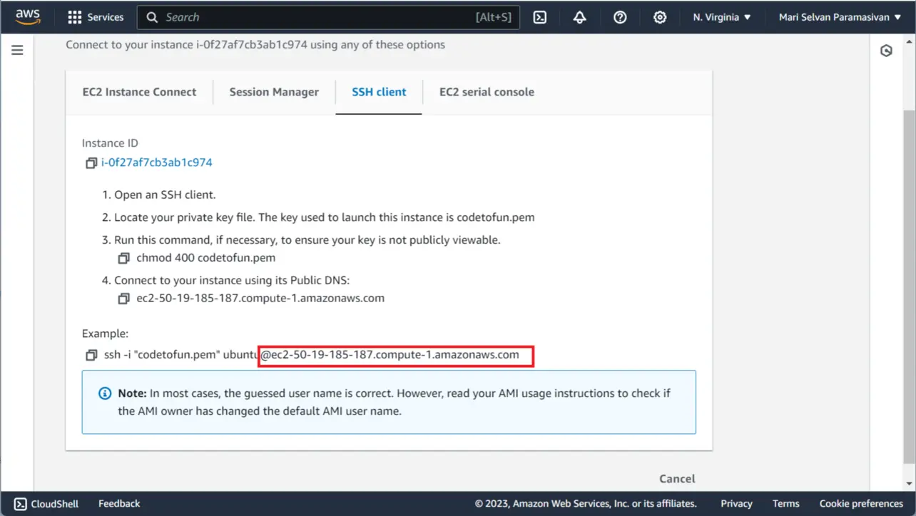 EC2 Connect SSH client tab showing example hostname