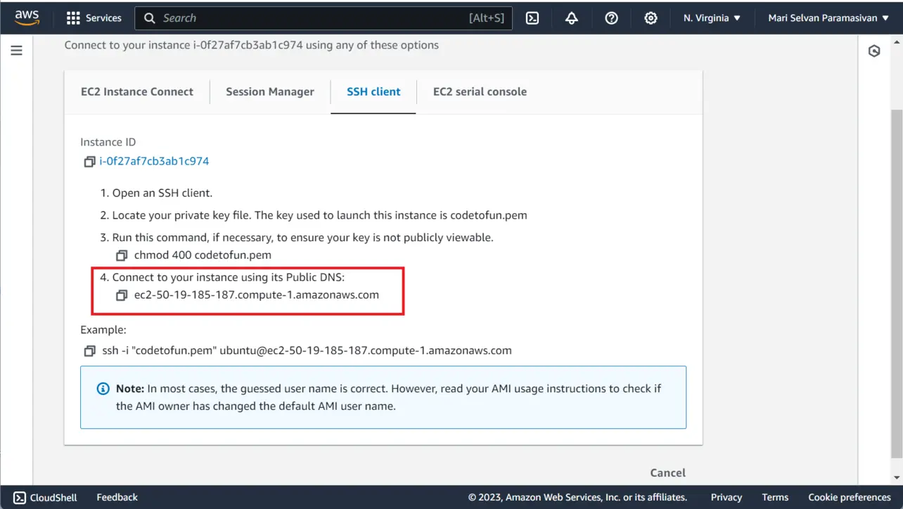EC2 Connect dialog showing SSH hostname and user