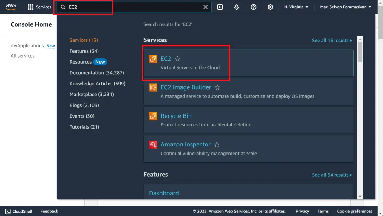 AWS console search showing EC2 service