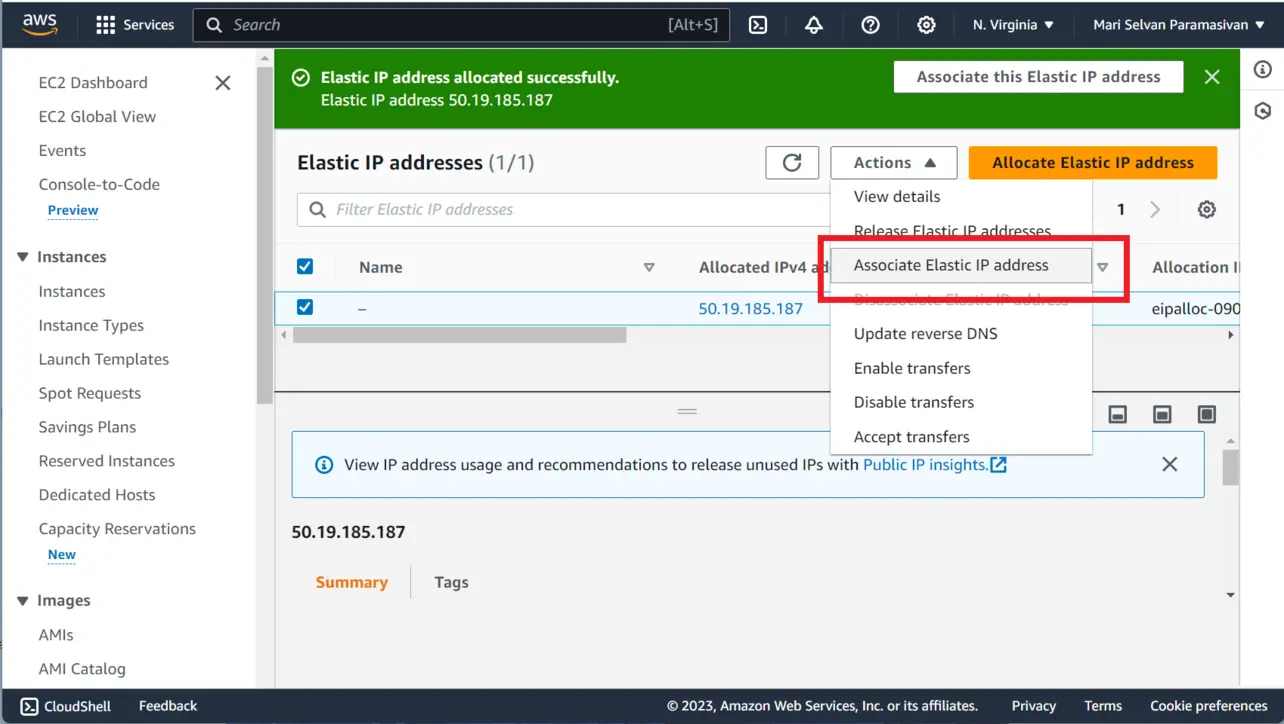 Actions menu Associate Elastic IP address