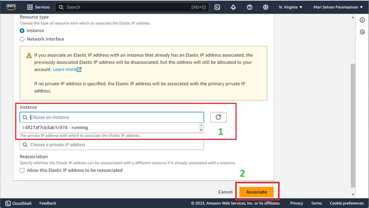 Associate Elastic IP dialog choosing EC2 instance