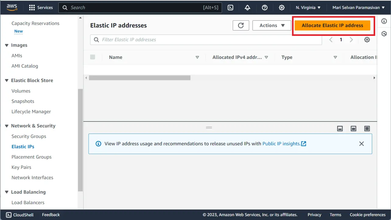 EC2 console Elastic IPs section and allocate button