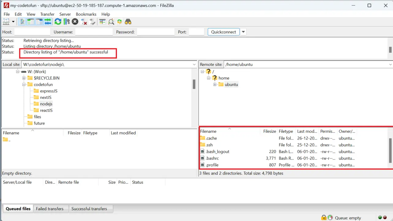 FileZilla connected to EC2 showing remote file listing