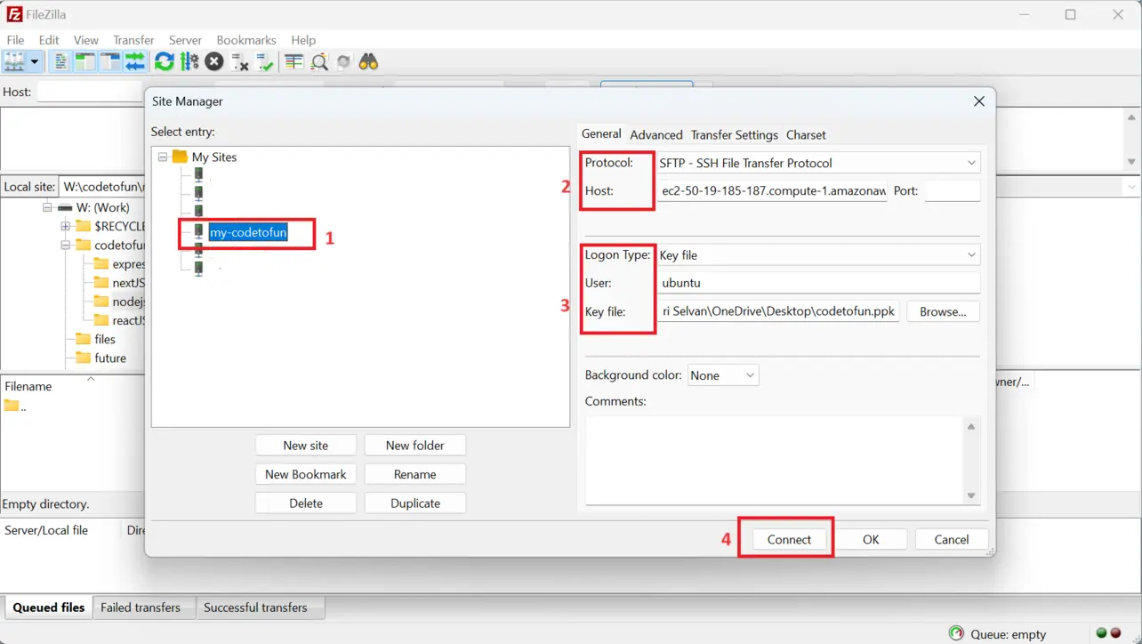 FileZilla Site Manager SFTP host user and key file