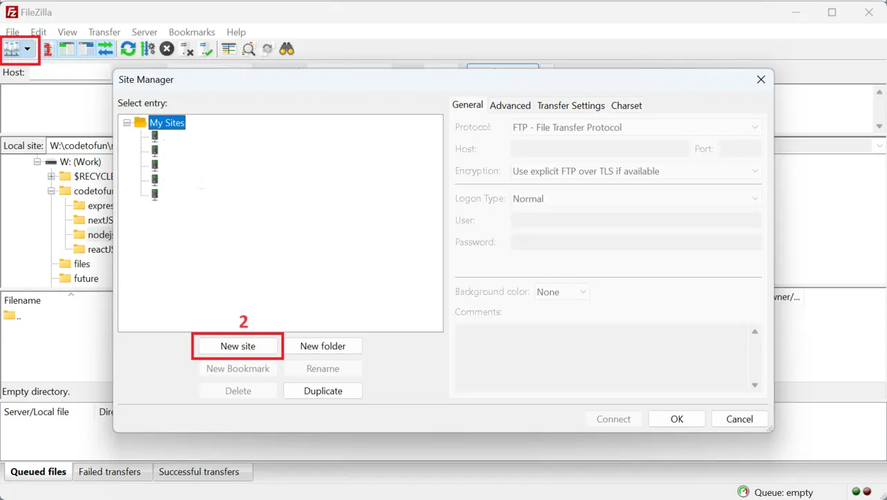 FileZilla Site Manager with New Site