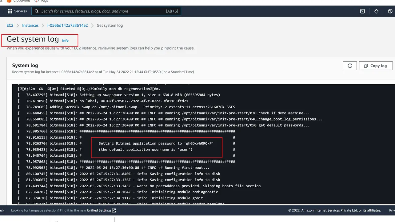 System log excerpt showing Bitnami WordPress credentials