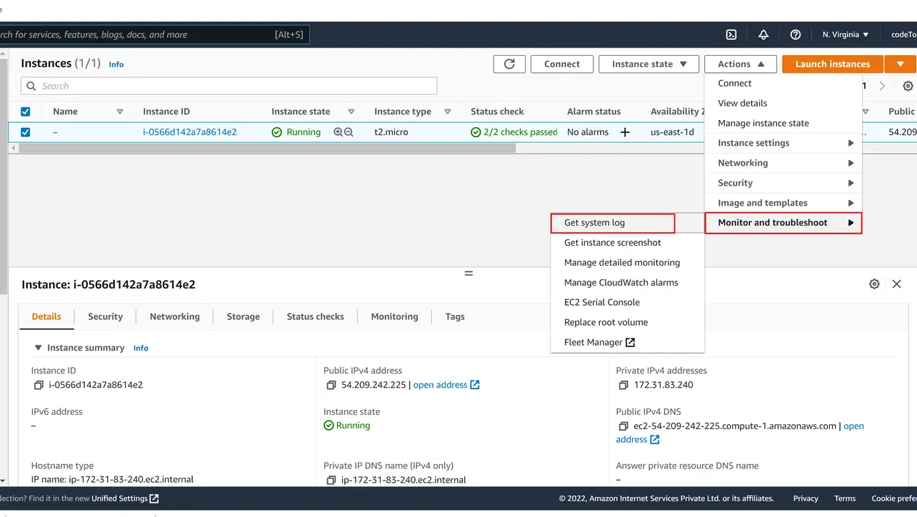 EC2 Actions menu Get system log