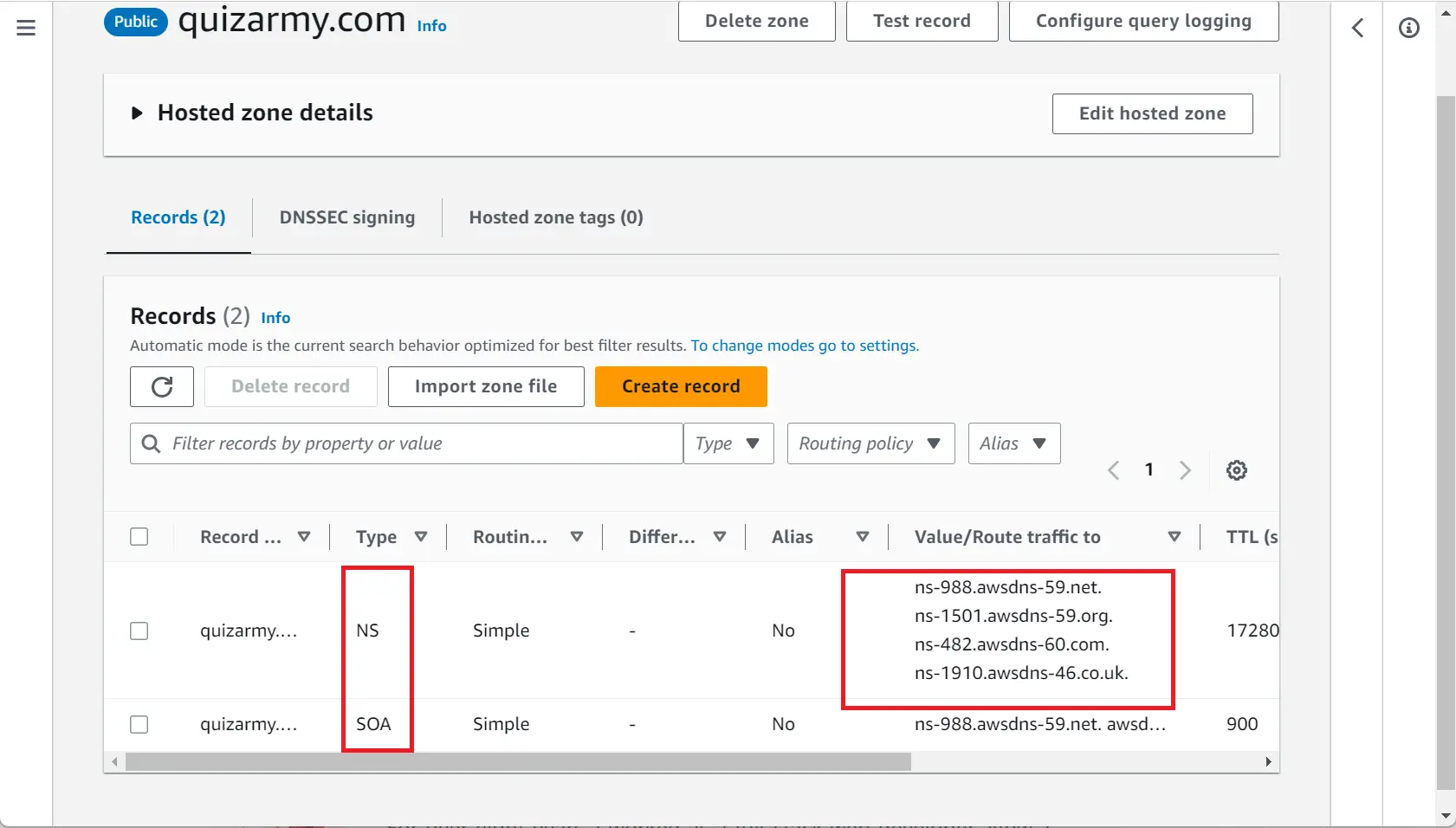 Hosted zone created successfully with NS records listed