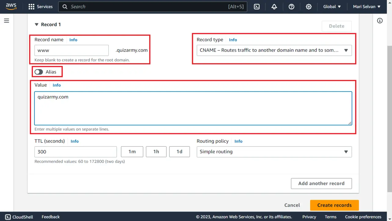 Route 53 CNAME record for www subdomain